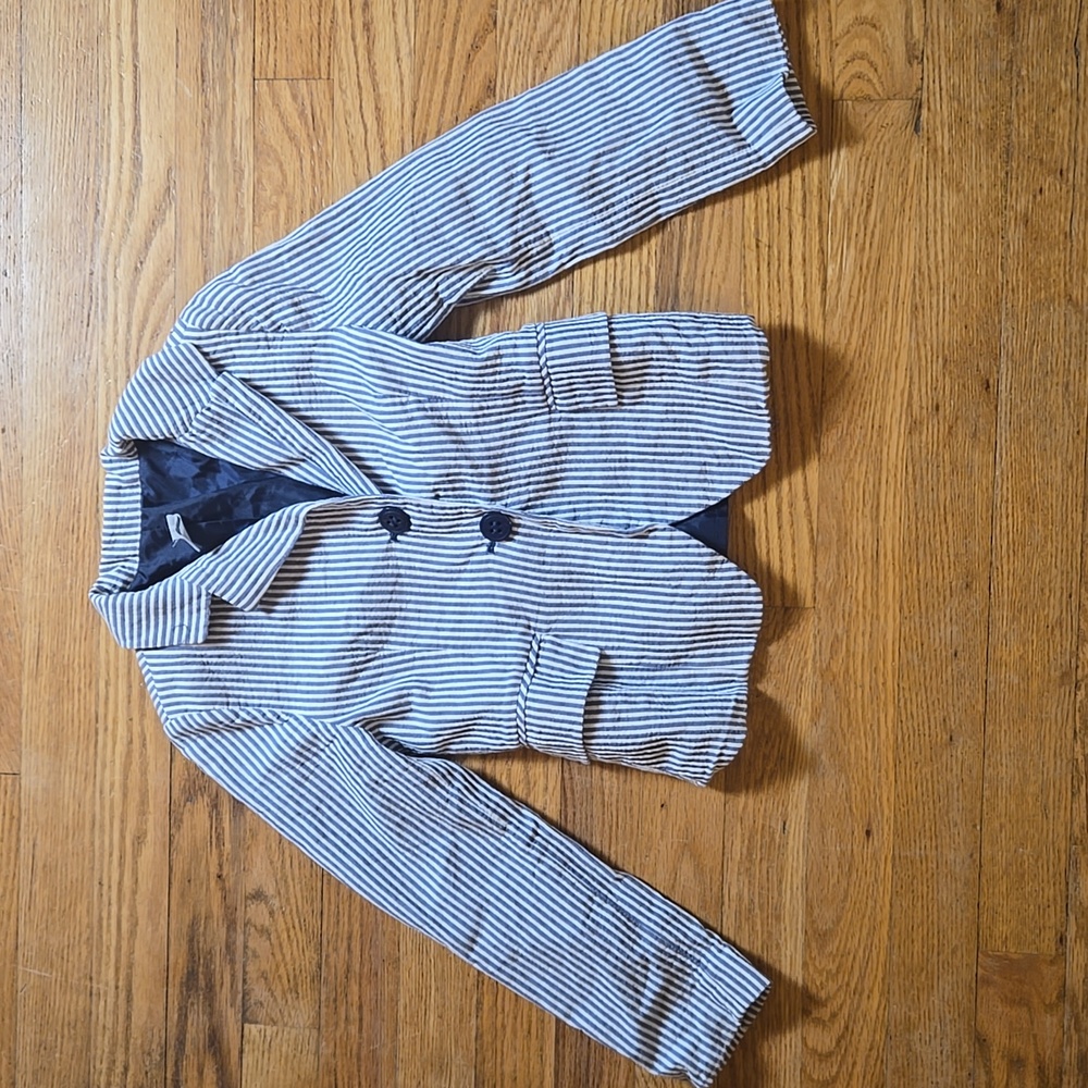 Zara Kids blue white seersucker striped bow-back shoulder pads blazer, 7-8